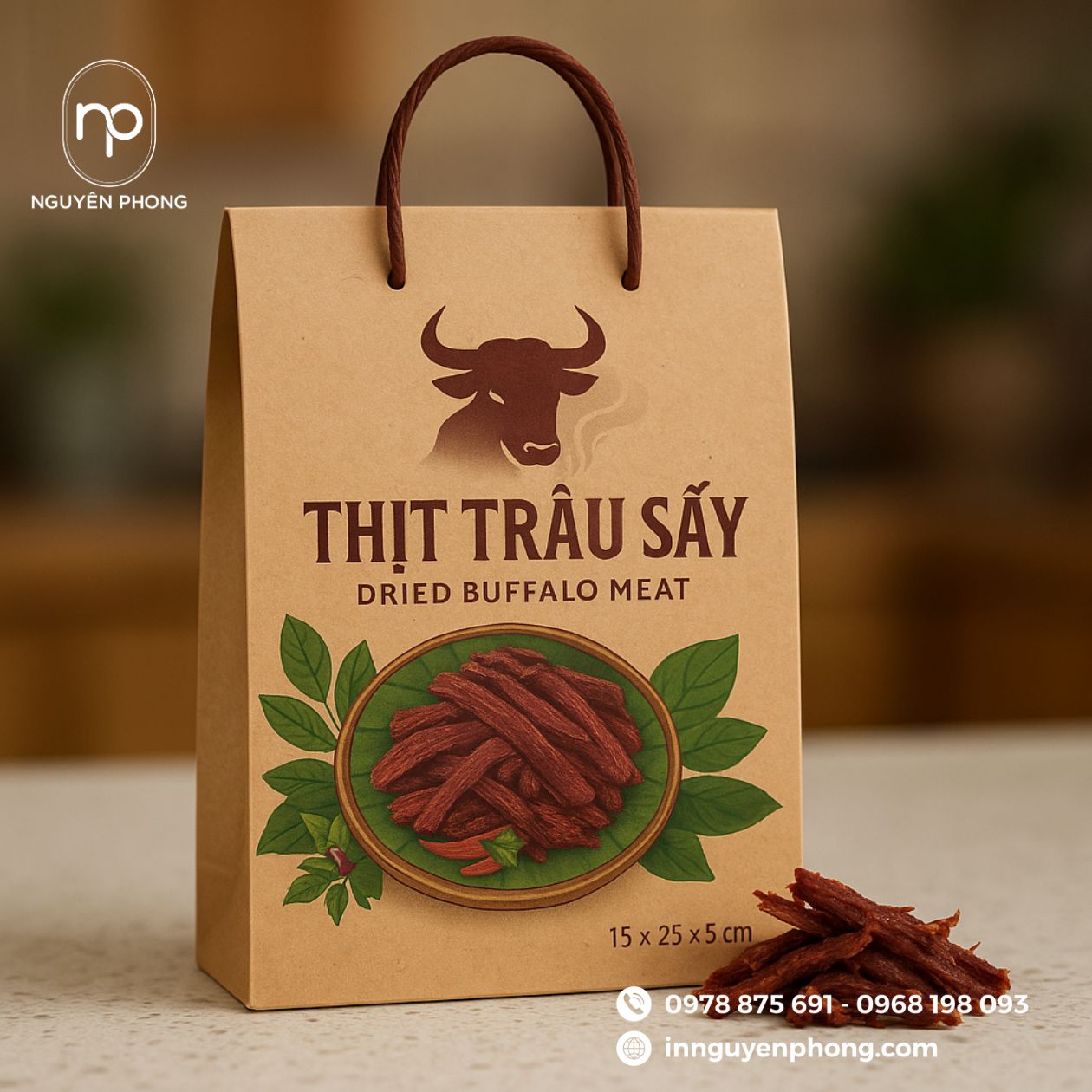 Mẫu túi giấy nông sản đựng thịt trâu gác bếp

